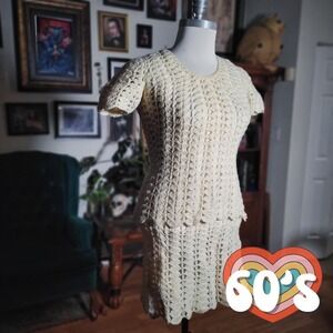 Wool Crochet Knit Skirt Set Top Vintage 1960s Dress Cream Hong Kong Handmade S